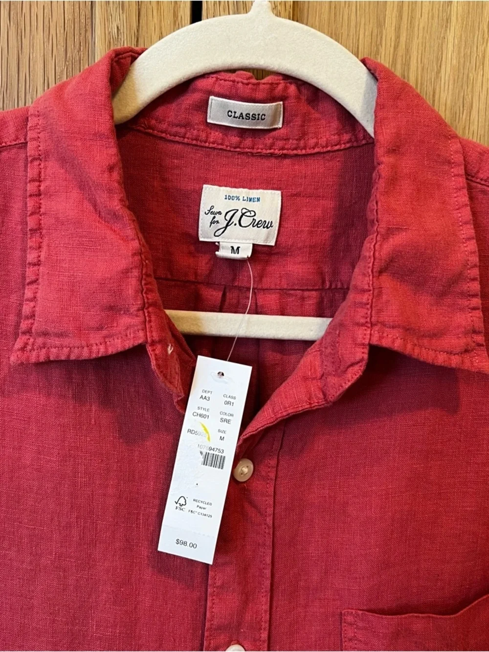 J. Crew Classic Fit Linen Button Front Shirt Red Size Medium NWT Spring Preppy